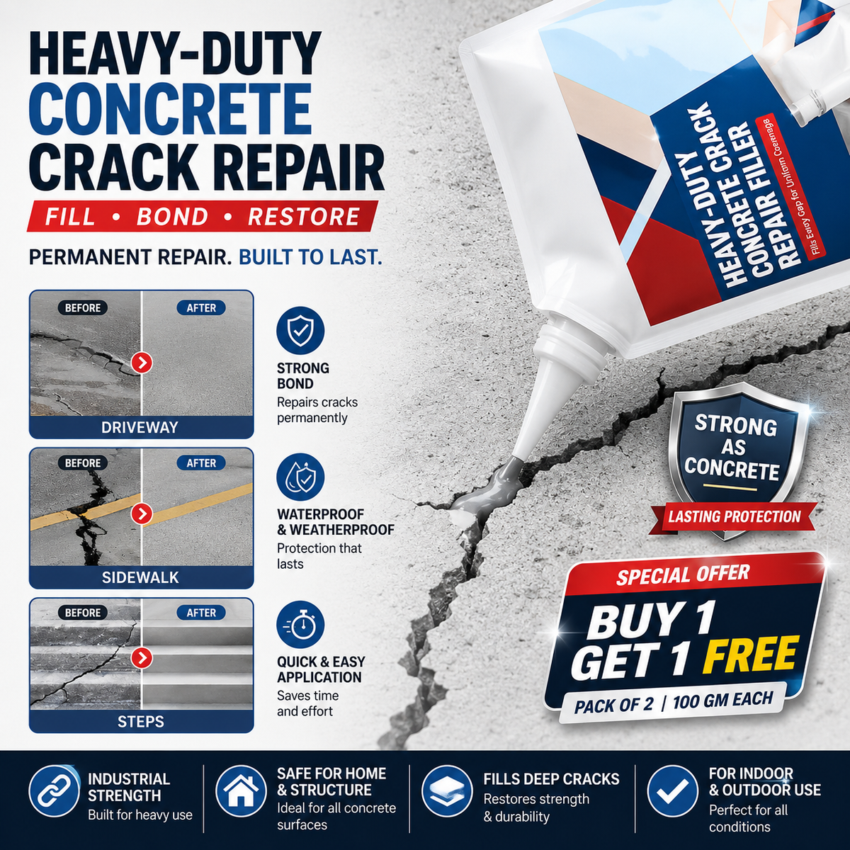 CrackSeal Pro-Heavy Duty Concrete Repair Adhesive (BUY 1 GET 1 FREE)