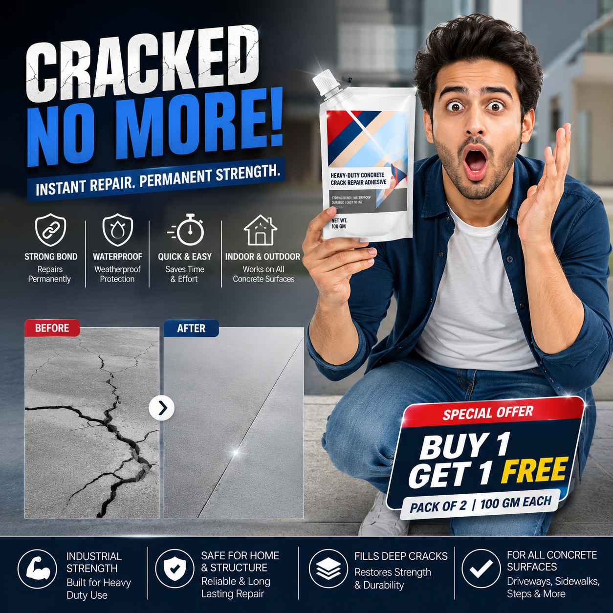 CrackSeal Pro-Heavy Duty Concrete Repair Adhesive (BUY 1 GET 1 FREE)